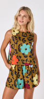 Happy Leopard shorts with matching boxy tank on model — CROSBY by Mollie Burch