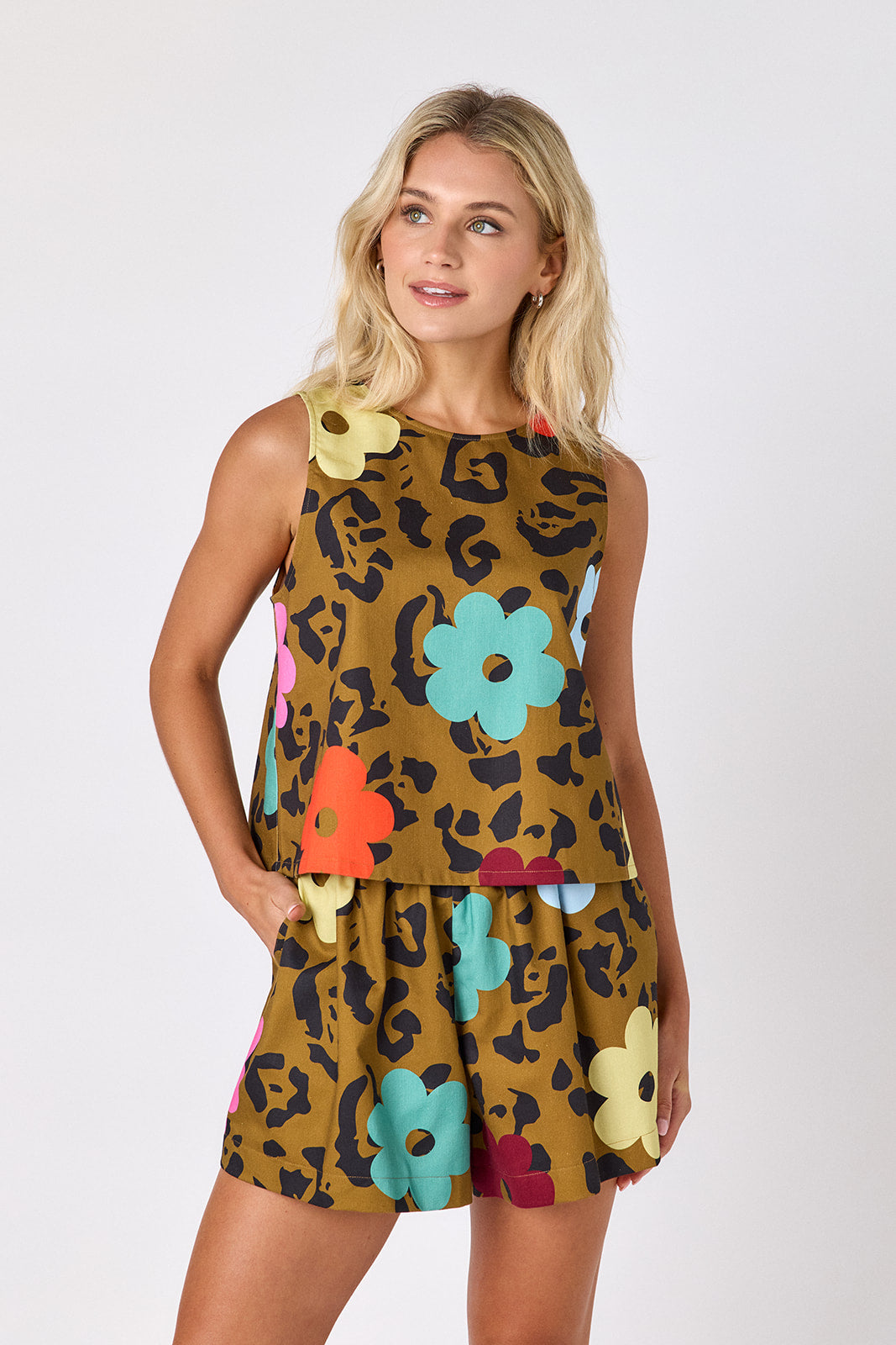 Happy Leopard shorts with matching boxy tank on model — CROSBY by Mollie Burch