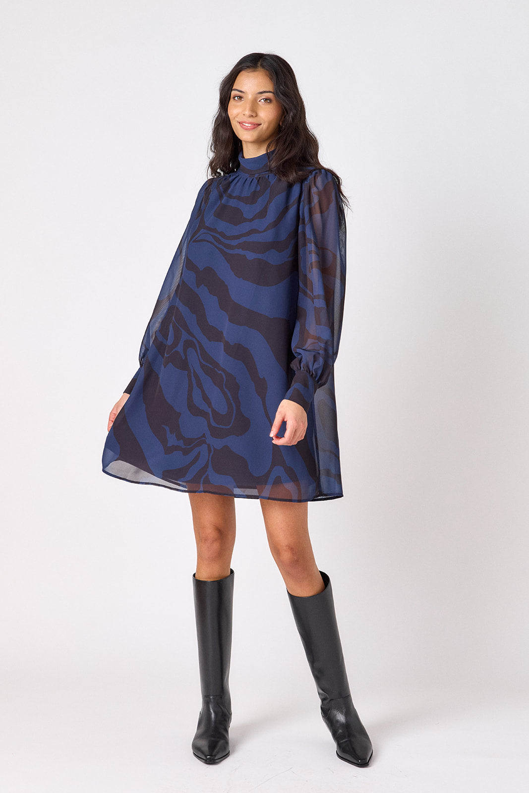 Ink Wave above-the-knee relaxed fit dress with cowl neck on model – CROSBY by Mollie Burch