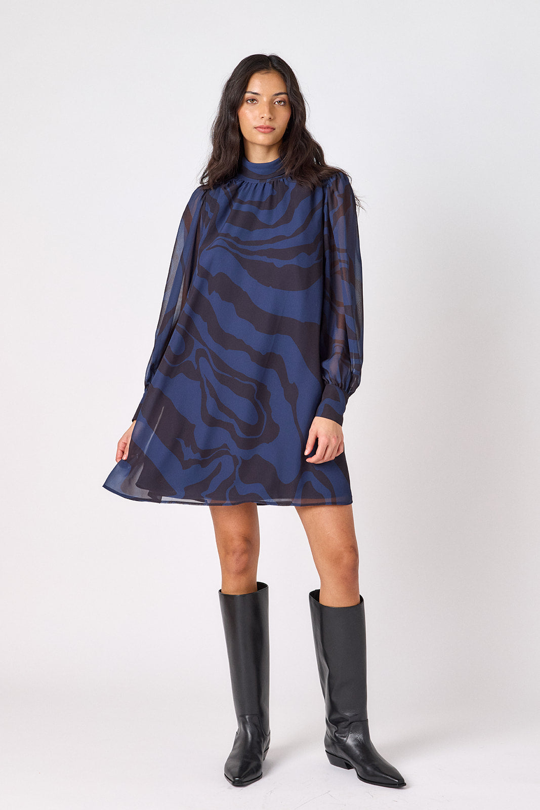 Ink Wave above-the-knee relaxed fit dress with cowl neck on model – CROSBY by Mollie Burch