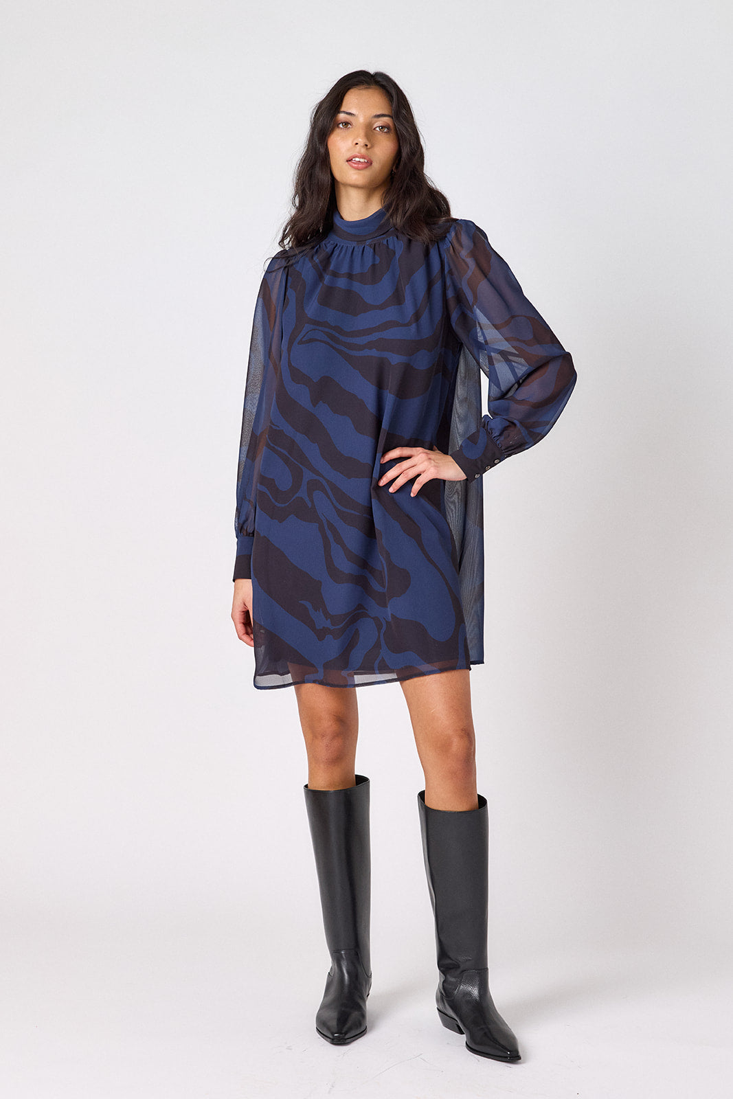 Ink Wave above-the-knee relaxed fit dress with cowl neck on model – CROSBY by Mollie Burch
