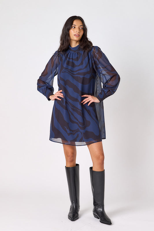 Ink Wave above-the-knee relaxed fit dress with cowl neck on model – CROSBY by Mollie Burch