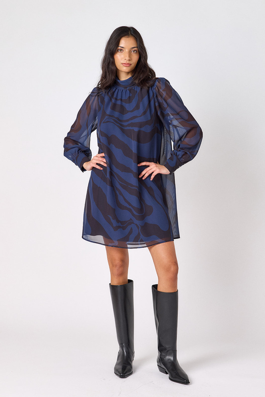 Ink Wave above-the-knee relaxed fit dress with cowl neck on model – CROSBY by Mollie Burch