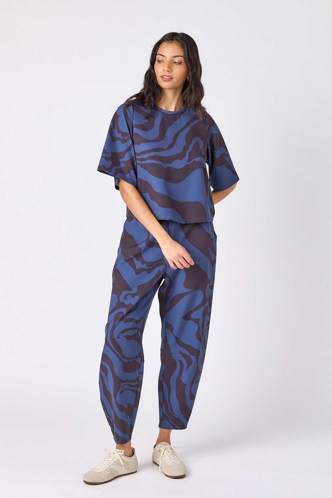 Ink Wave relaxed fit barrel pant on model – CROSBY by Mollie Burch