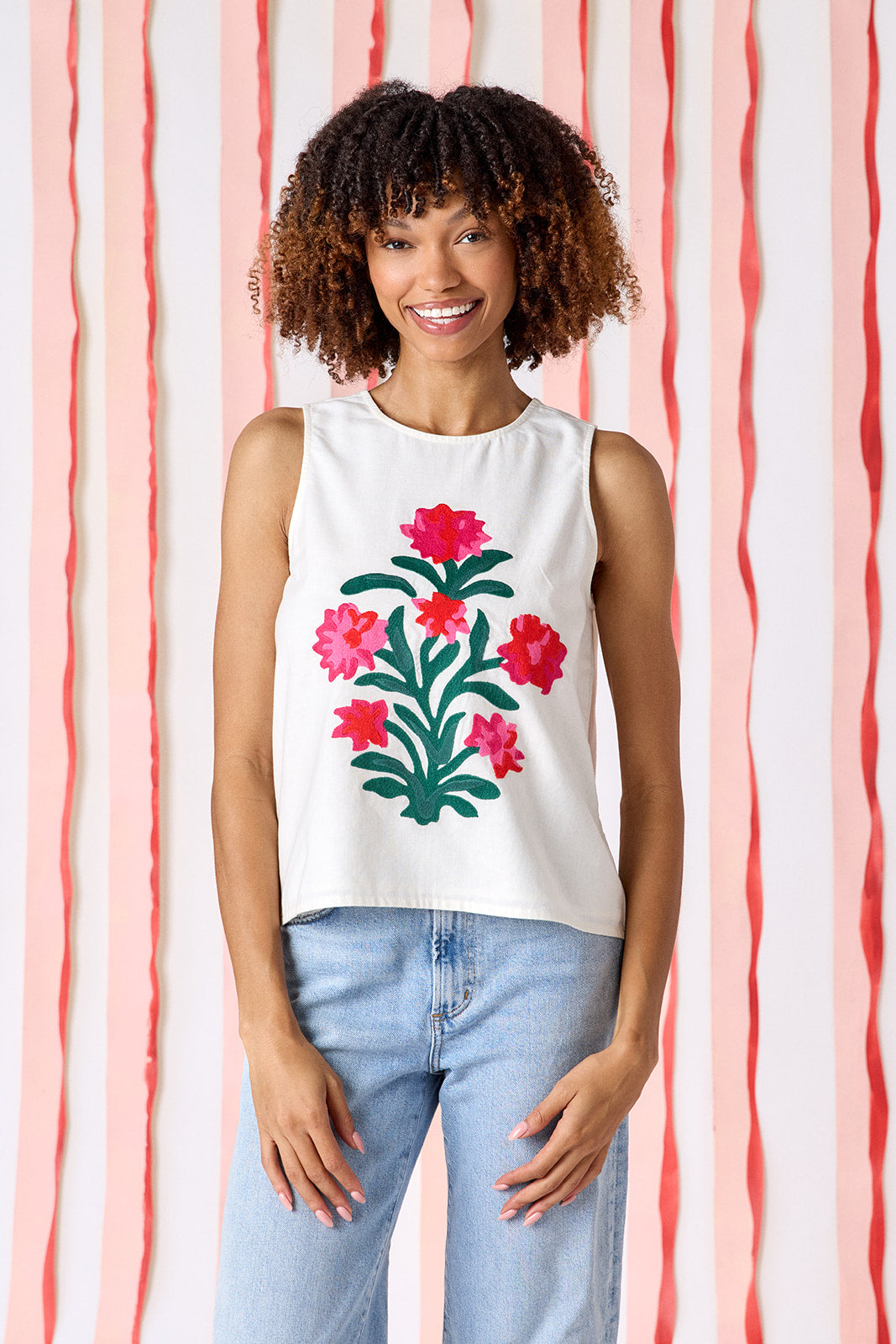 Ivory boxy a-line tank top with embroidery on model — CROSBY by Mollie Burch