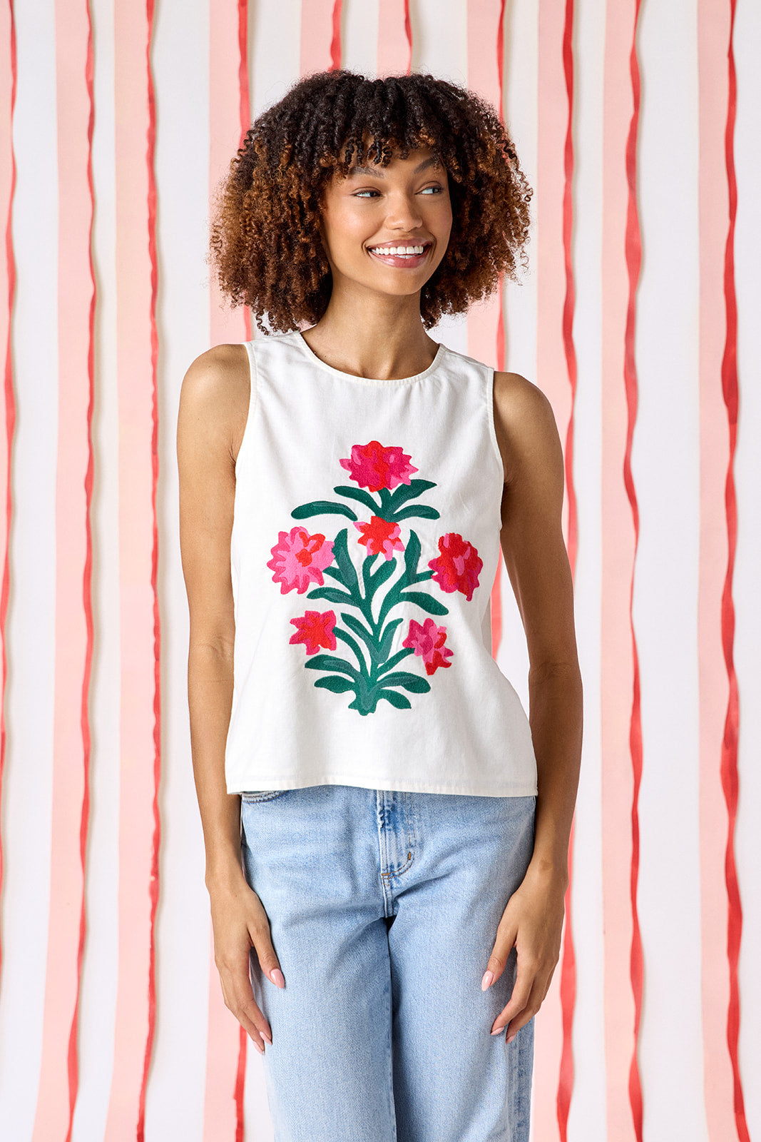 Ivory boxy a-line tank top with embroidery on model — CROSBY by Mollie Burch