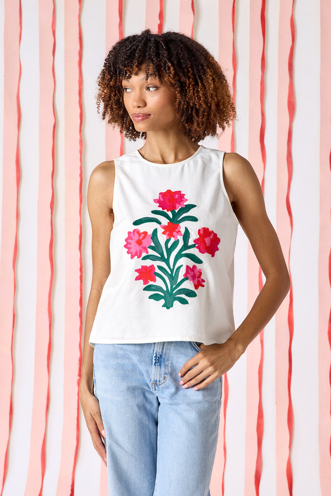 Ivory boxy a-line tank top with embroidery on model — CROSBY by Mollie Burch