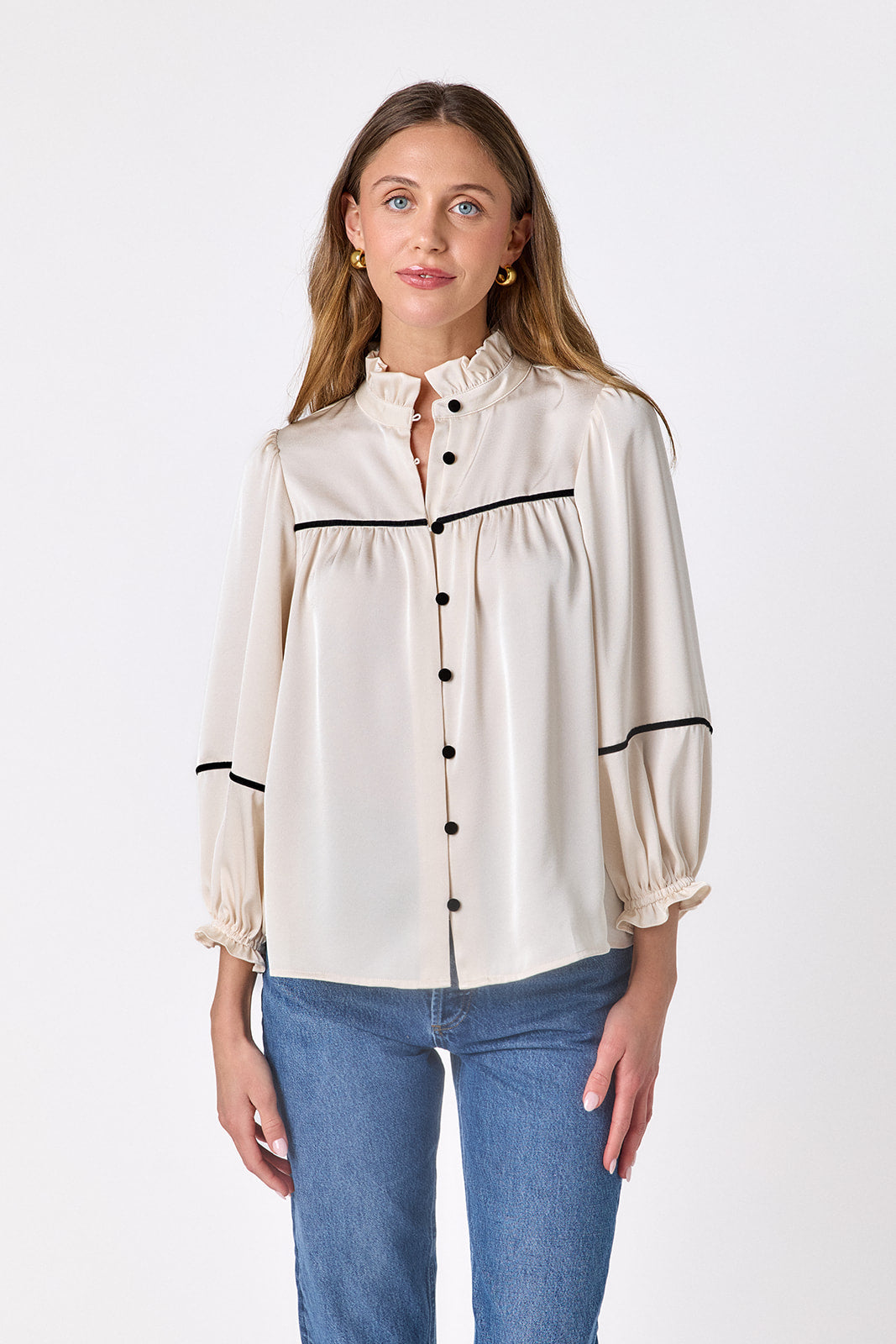 Ivory flowy ¾ sleeve blouse on model – CROSBY by Mollie Burch