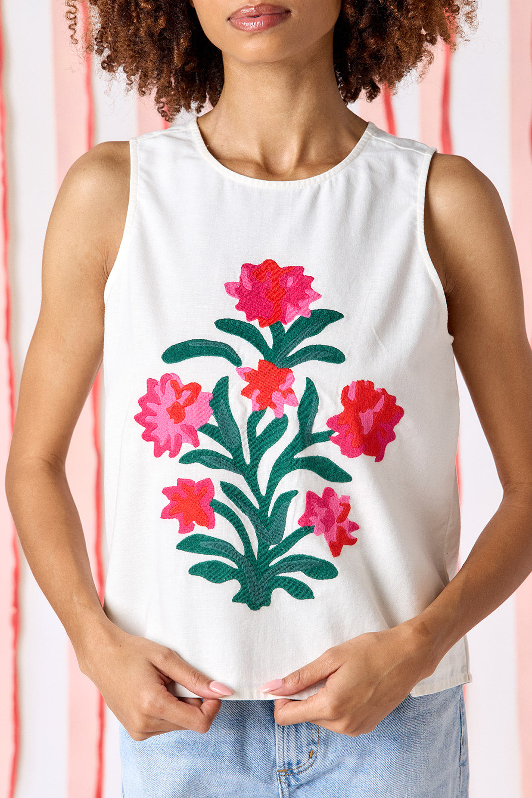 Ivory boxy a-line tank top with embroidery on model — CROSBY by Mollie Burch