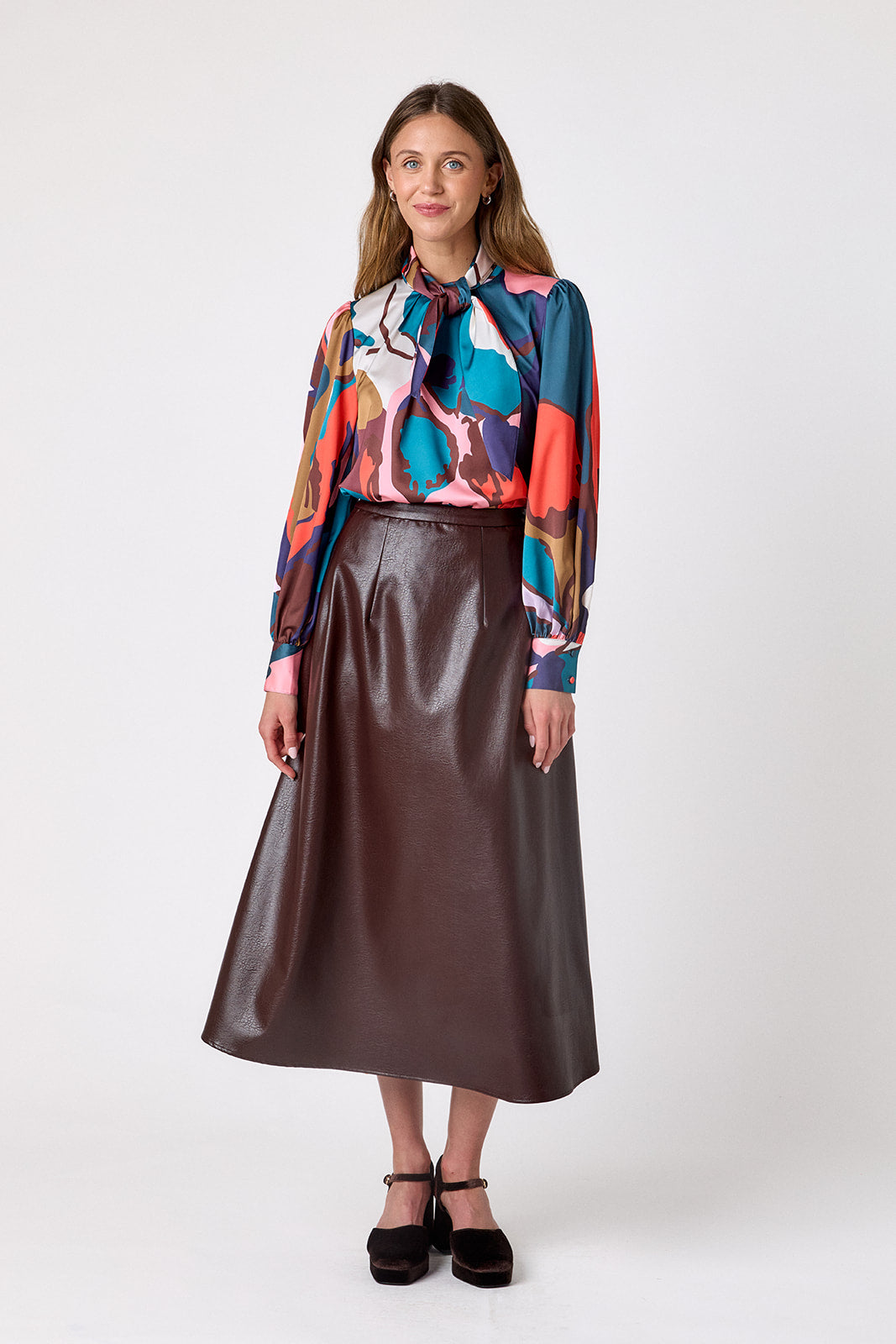 Leaf Study flowy long-sleeve top with tie neck detail on model – CROSBY by Mollie Burch