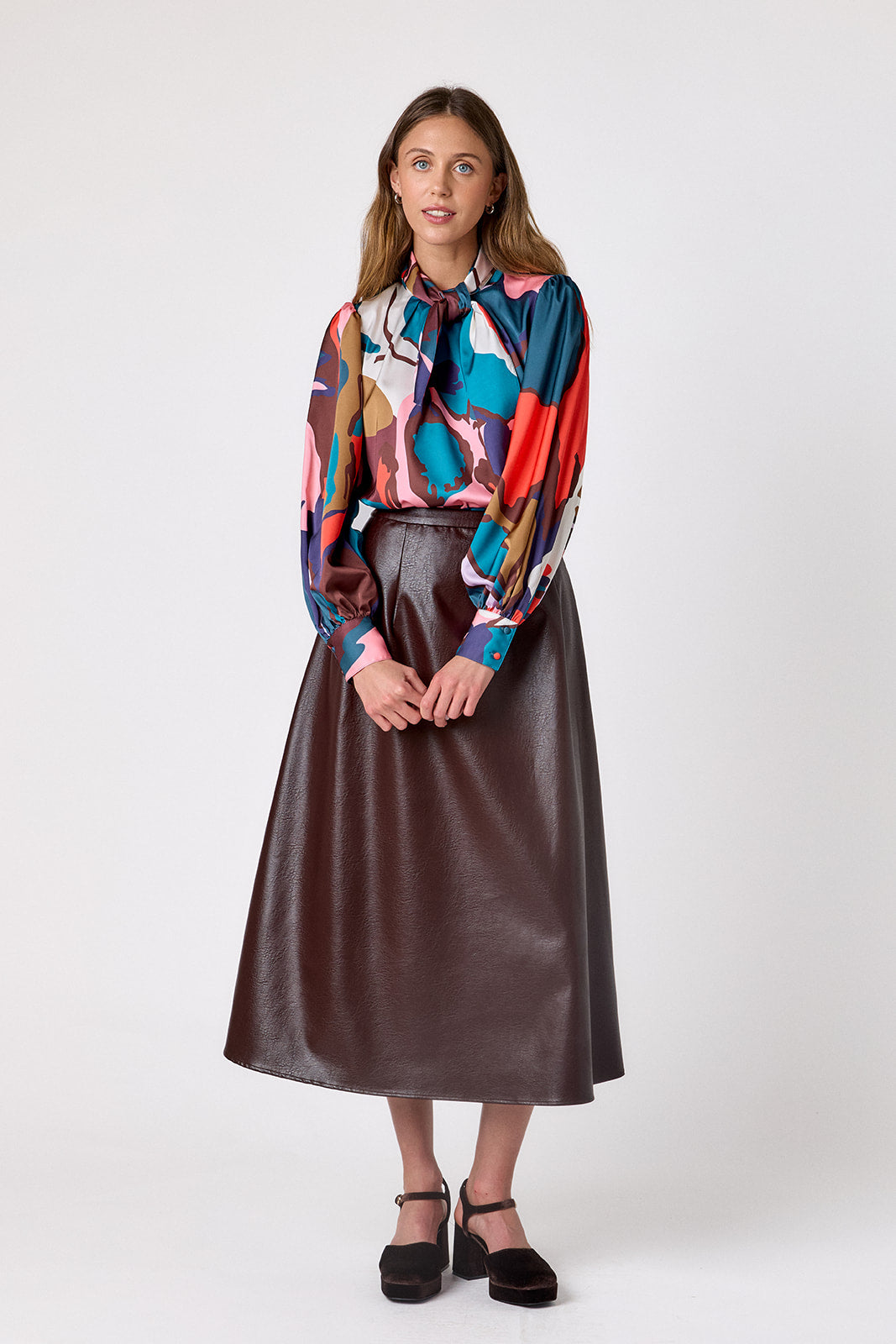 Leaf Study flowy long-sleeve top with tie neck detail on model – CROSBY by Mollie Burch