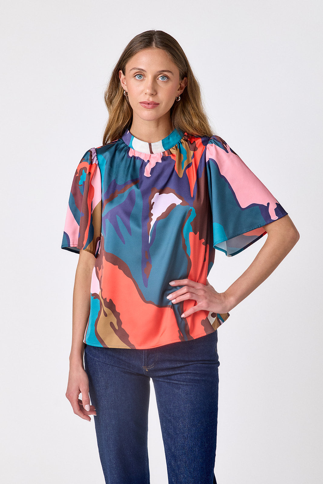 Leaf Study A-line short sleeve top on model – CROSBY by Mollie Burch