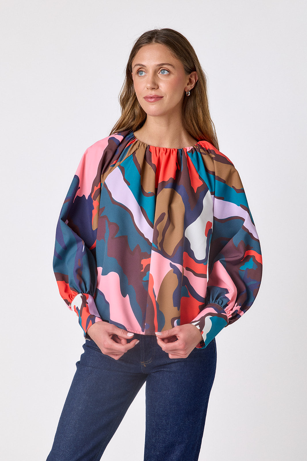 Leaf Study voluminous long-sleeve blouse on model – CROSBY by Mollie Burch