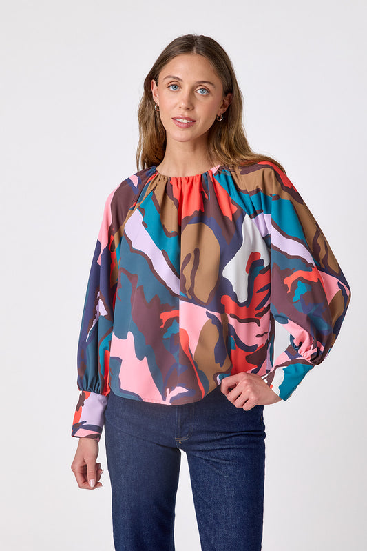 Leaf Study voluminous long-sleeve blouse on model – CROSBY by Mollie Burch