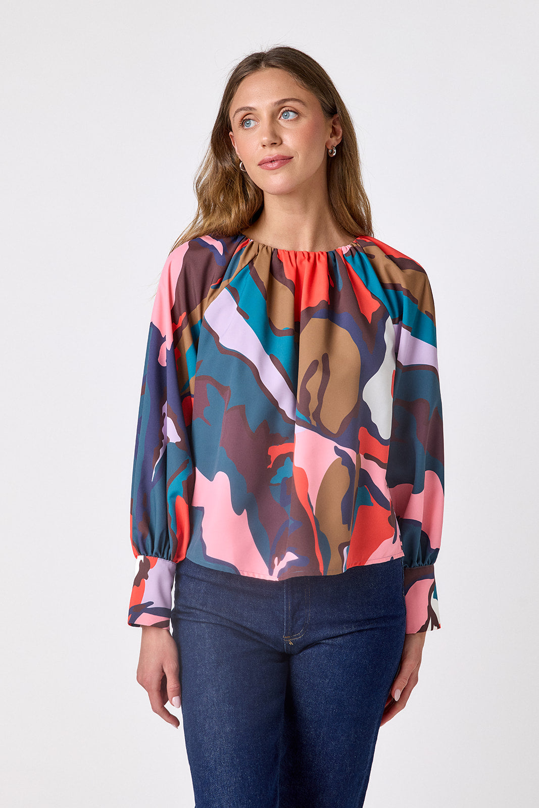 Leaf Study voluminous long-sleeve blouse on model – CROSBY by Mollie Burch