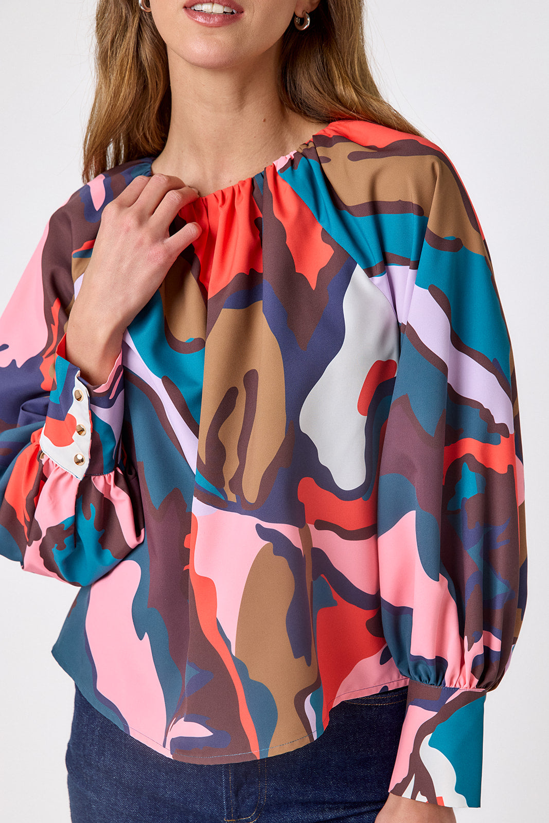 Leaf Study voluminous long-sleeve blouse on model – CROSBY by Mollie Burch