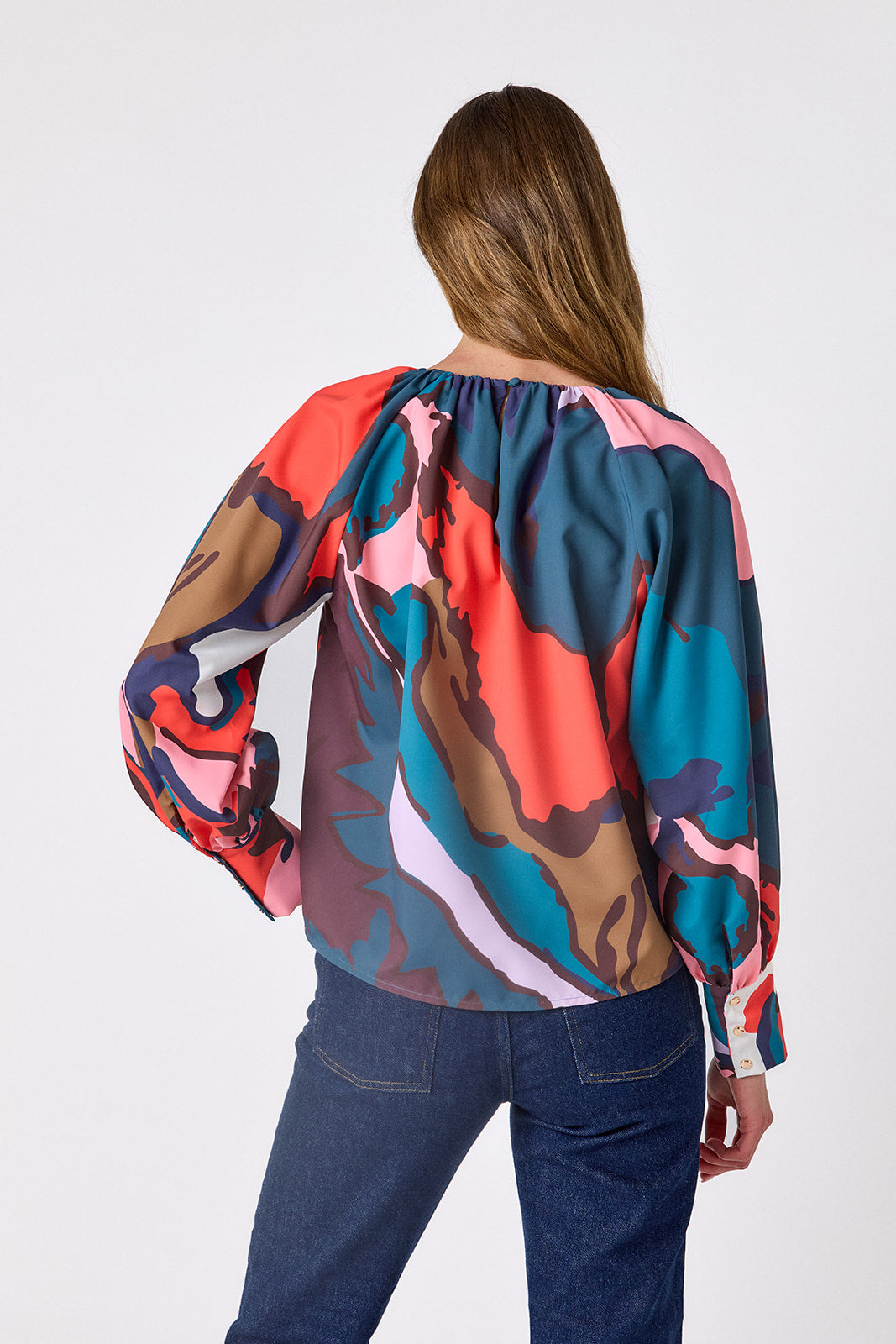 Leaf Study voluminous long-sleeve blouse on model – CROSBY by Mollie Burch