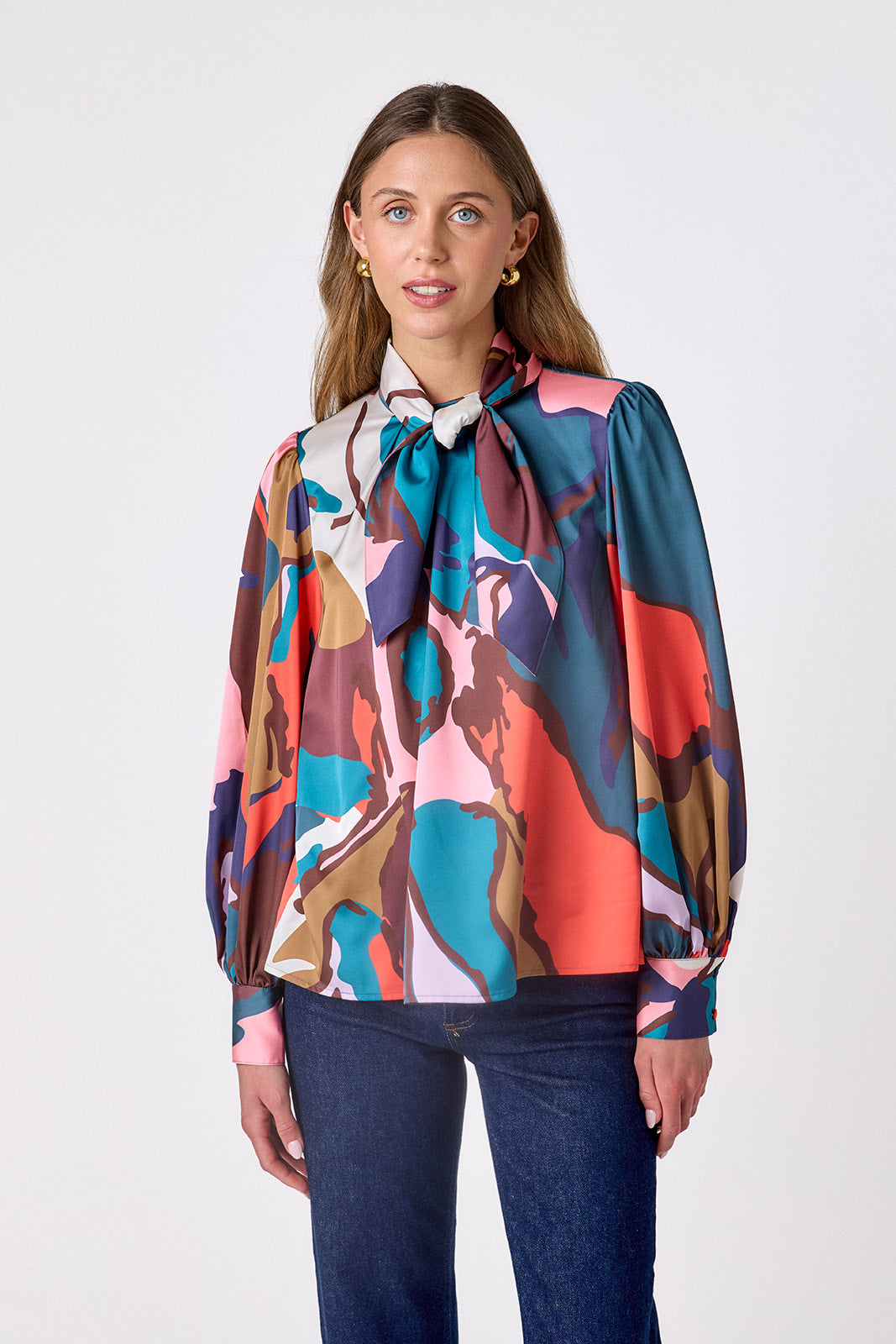 Leaf Study flowy long-sleeve top with tie neck detail on model – CROSBY by Mollie Burch