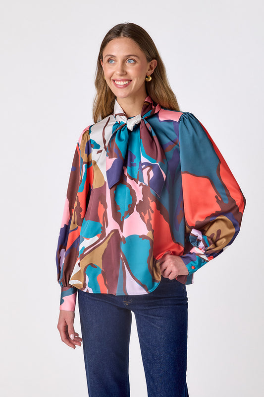 Leaf Study flowy long-sleeve top with tie neck detail on model – CROSBY by Mollie Burch
