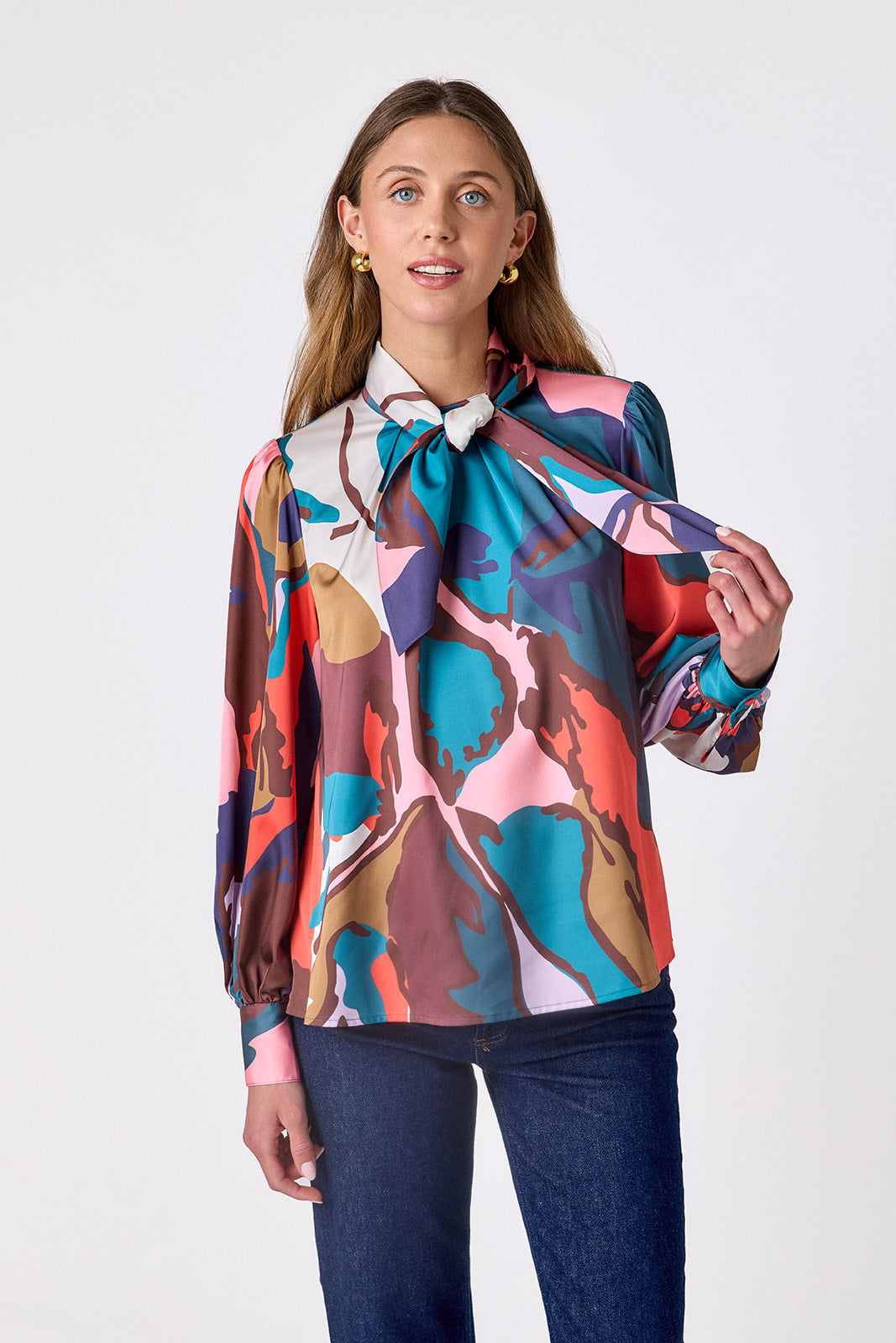 Leaf Study flowy long-sleeve top with tie neck detail on model – CROSBY by Mollie Burch