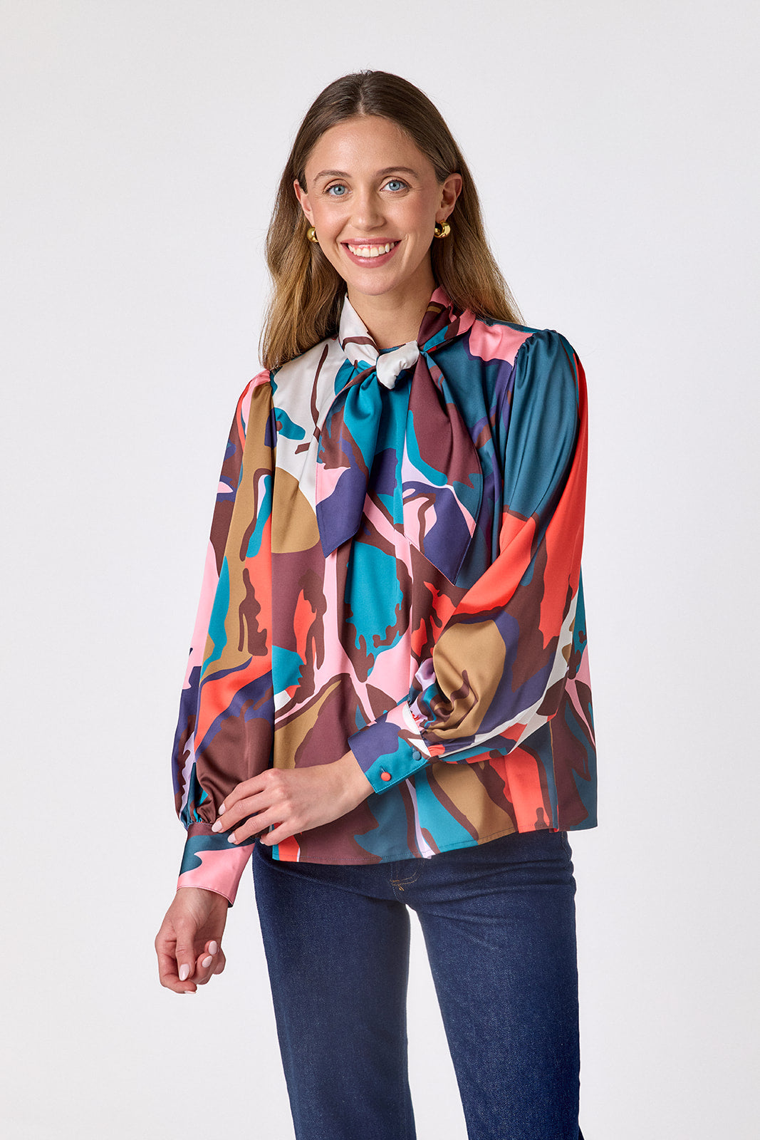 Leaf Study flowy long-sleeve top with tie neck detail on model – CROSBY by Mollie Burch