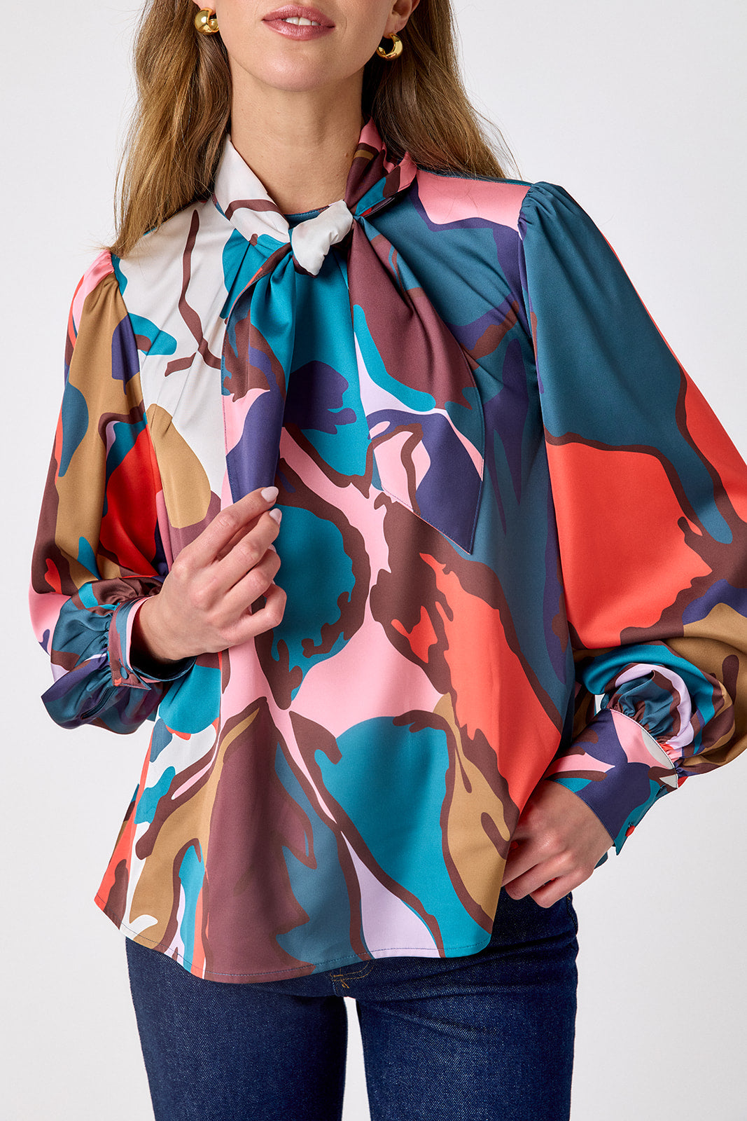Leaf Study flowy long-sleeve top with tie neck detail on model – CROSBY by Mollie Burch