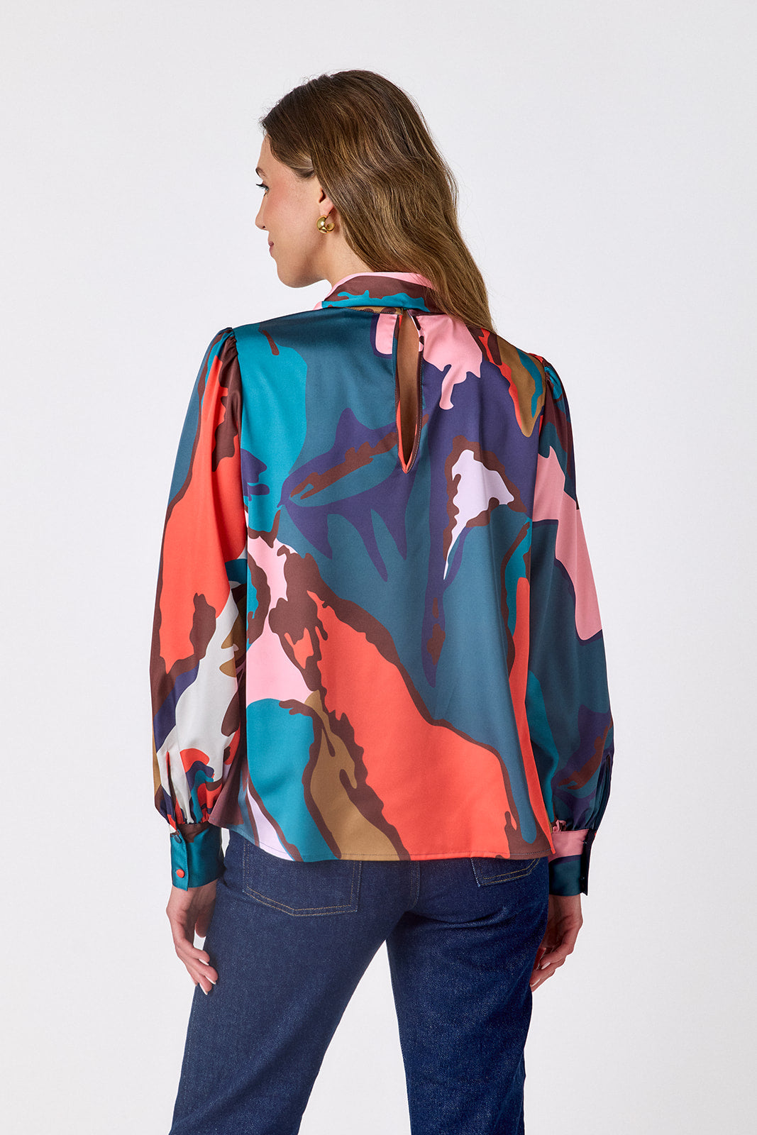Leaf Study flowy long-sleeve top with tie neck detail on model – CROSBY by Mollie Burch
