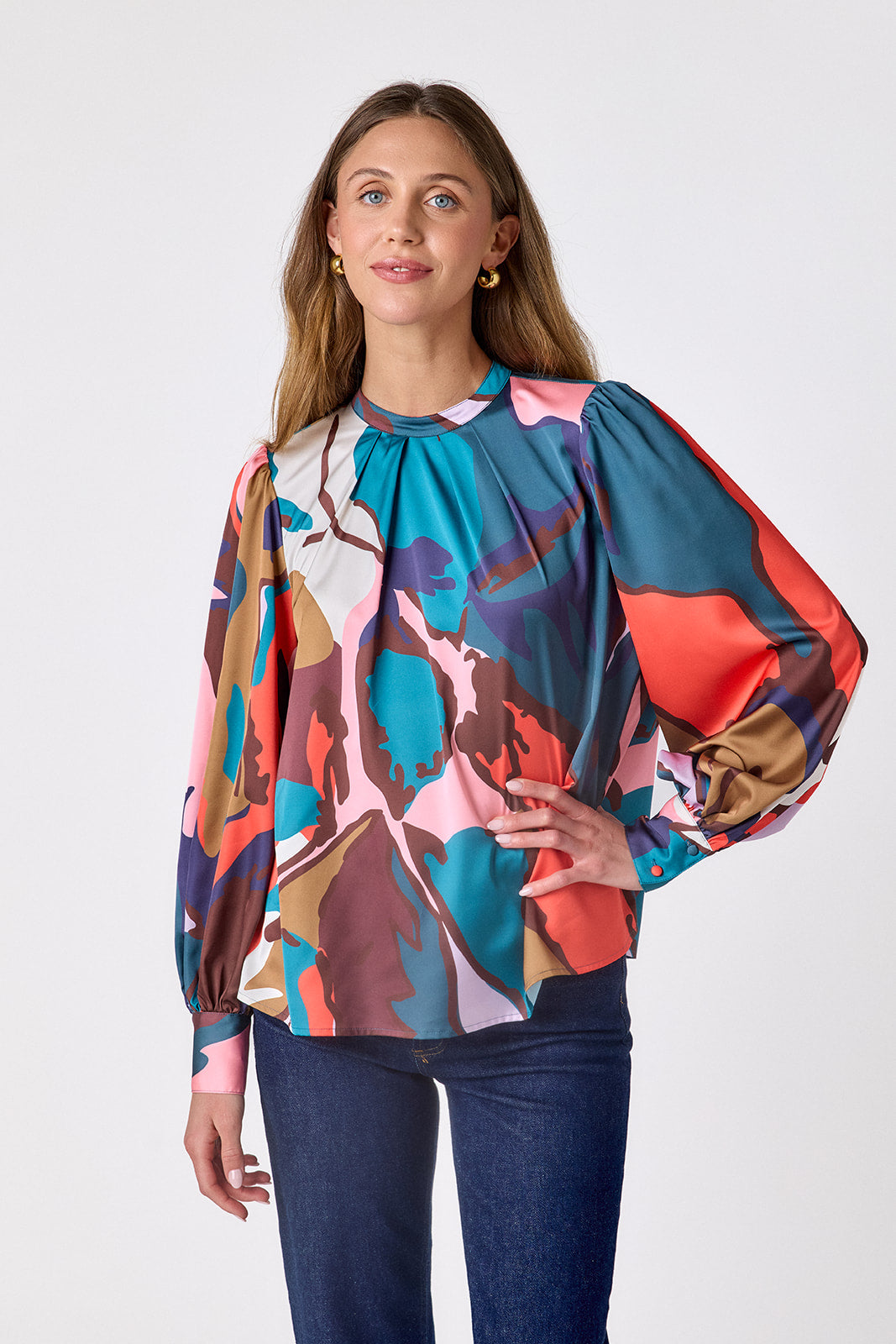 Leaf Study flowy long-sleeve top with tie neck detail on model – CROSBY by Mollie Burch