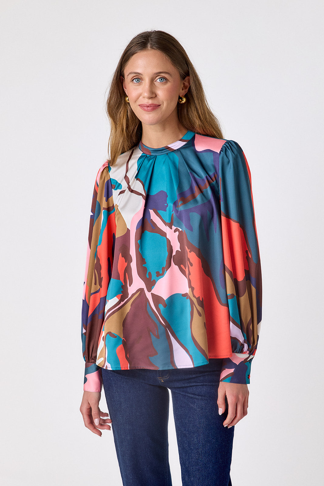 Leaf Study flowy long-sleeve top with tie neck detail on model – CROSBY by Mollie Burch