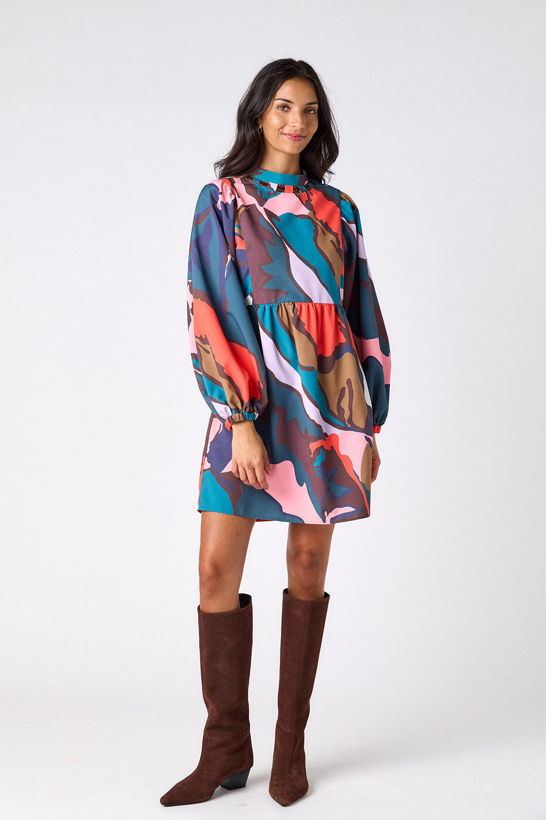 Leaf Study above-the-knee dress with balloon sleeves on model – CROSBY by Mollie Burch