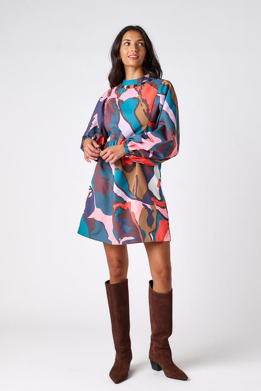 Leaf Study above-the-knee dress with balloon sleeves on model – CROSBY by Mollie Burch