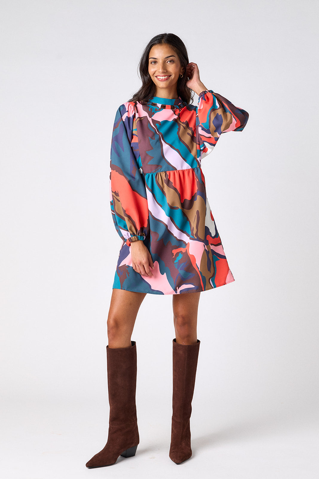 Leaf Study above-the-knee dress with balloon sleeves on model – CROSBY by Mollie Burch