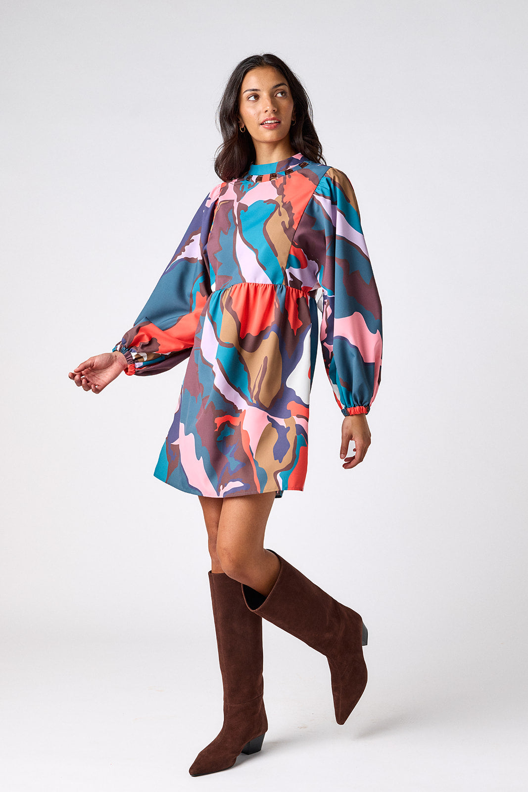 Leaf Study above-the-knee dress with balloon sleeves on model – CROSBY by Mollie Burch