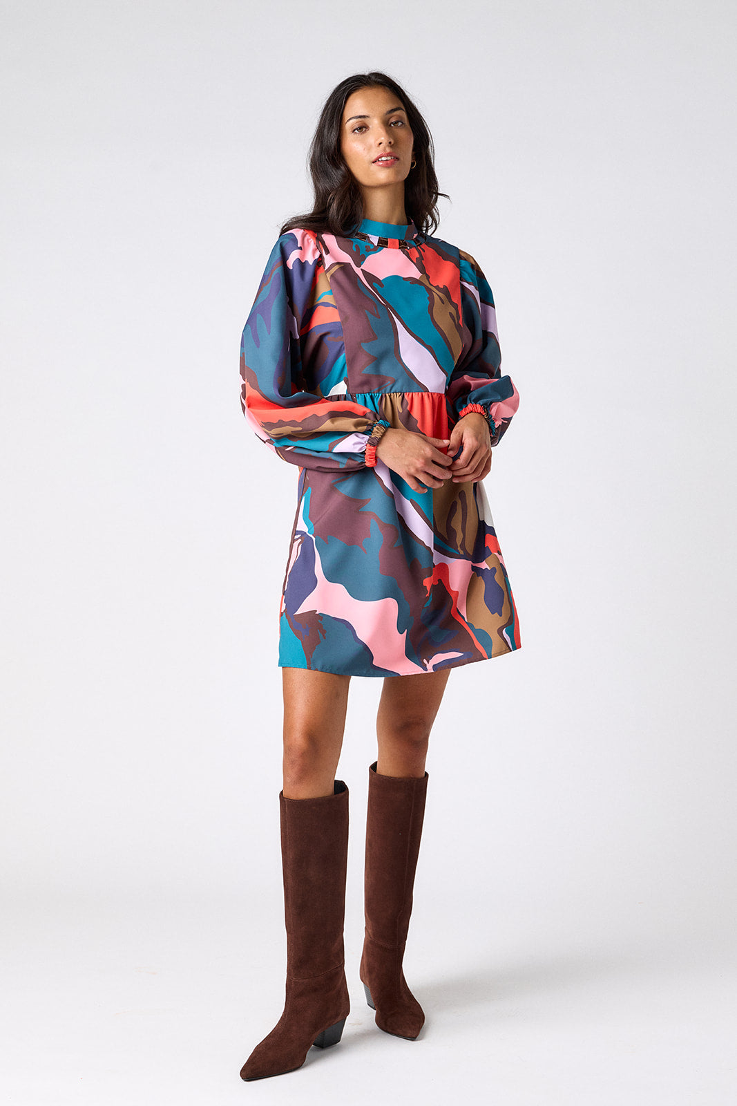 Leaf Study above-the-knee dress with balloon sleeves on model – CROSBY by Mollie Burch