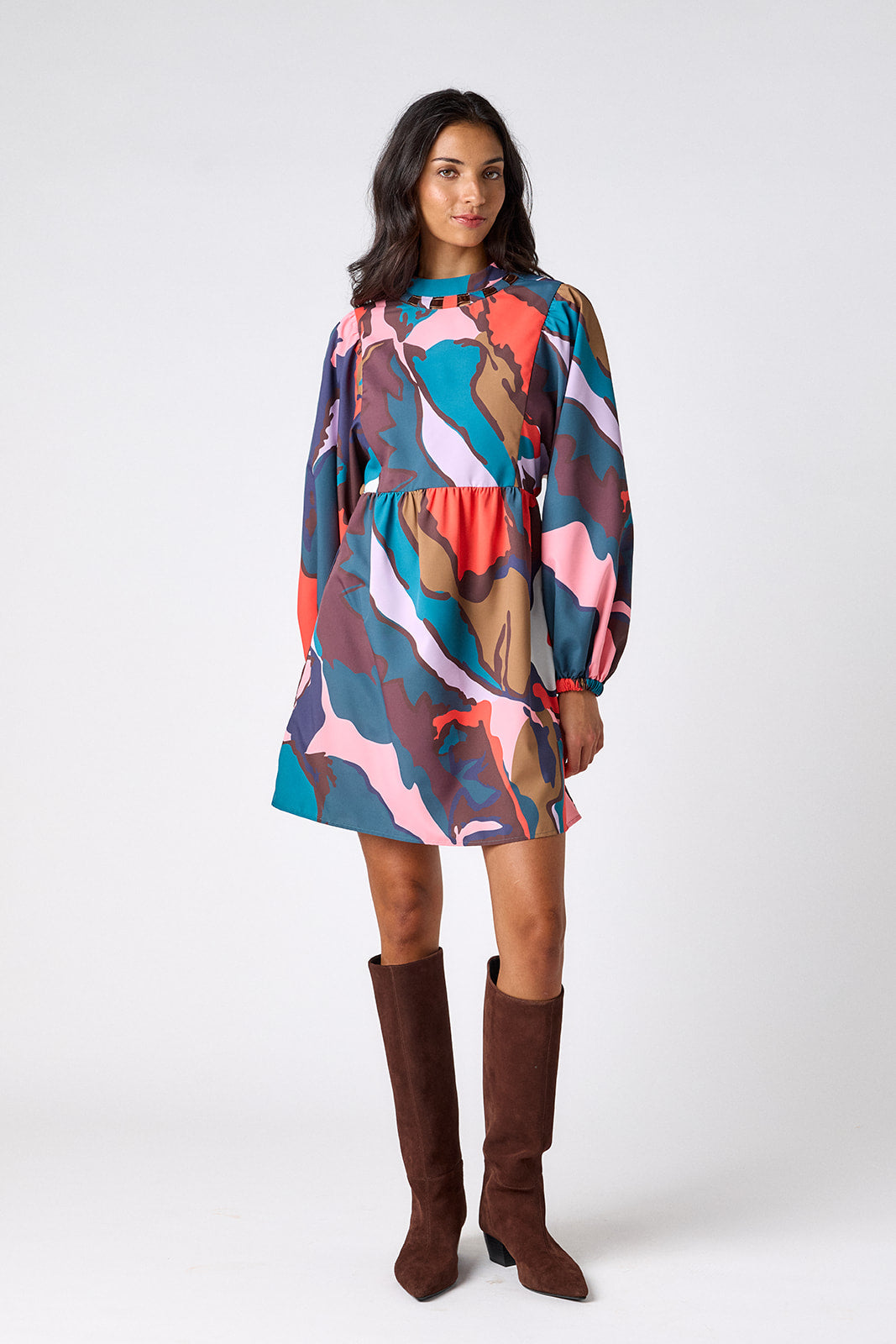 Leaf Study above-the-knee dress with balloon sleeves on model – CROSBY by Mollie Burch