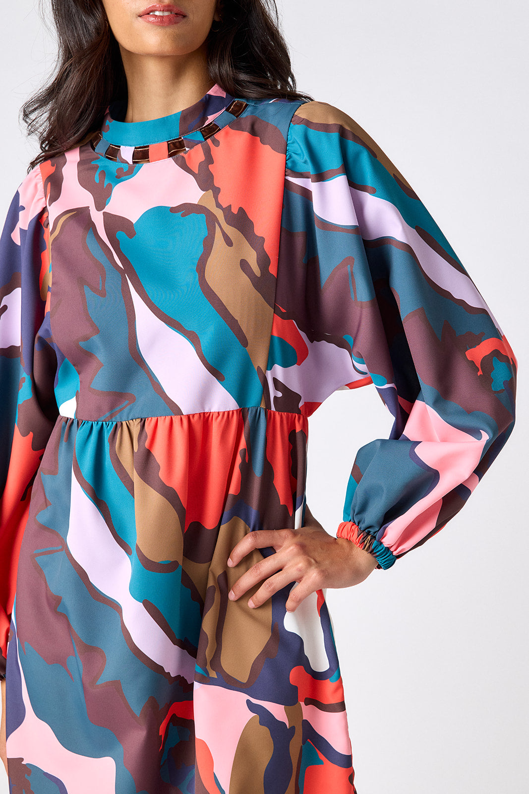 Leaf Study above-the-knee dress with balloon sleeves on model – CROSBY by Mollie Burch