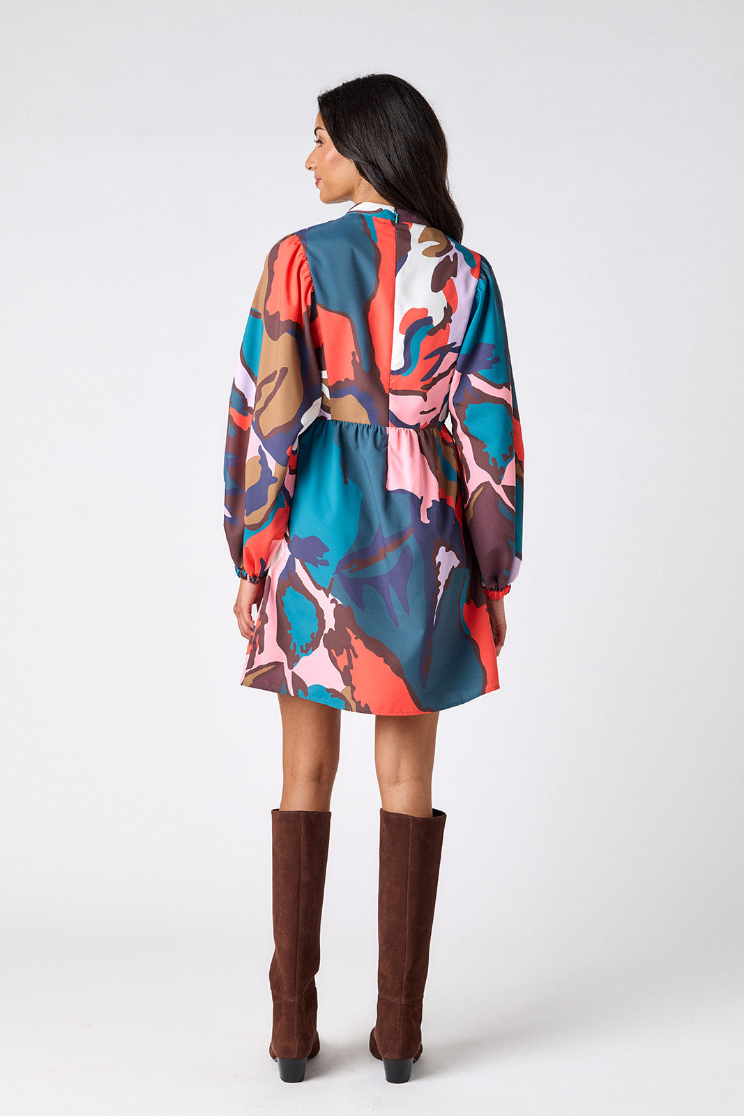 Leaf Study above-the-knee dress with balloon sleeves on model – CROSBY by Mollie Burch