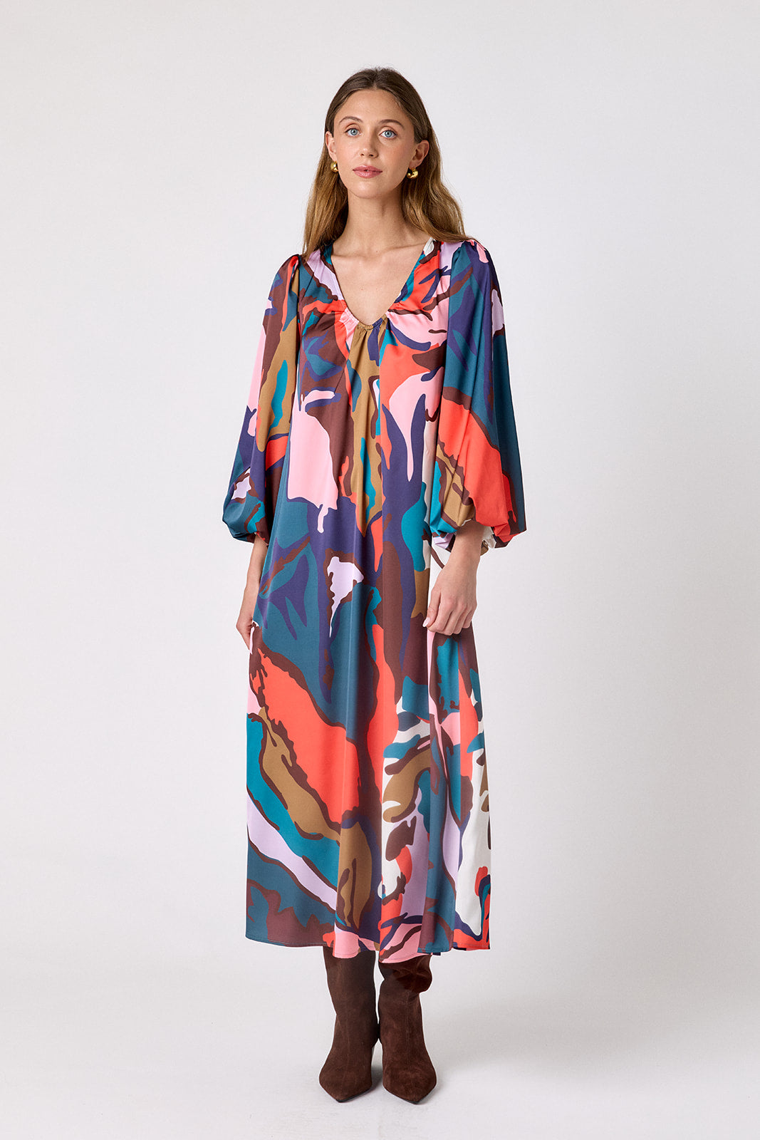Leaf Study swingy maxi dress on model – CROSBY by Mollie Burch