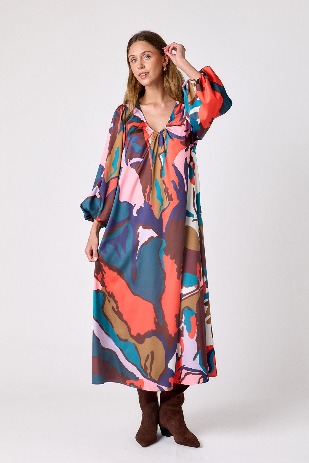 Leaf Study swingy maxi dress on model – CROSBY by Mollie Burch