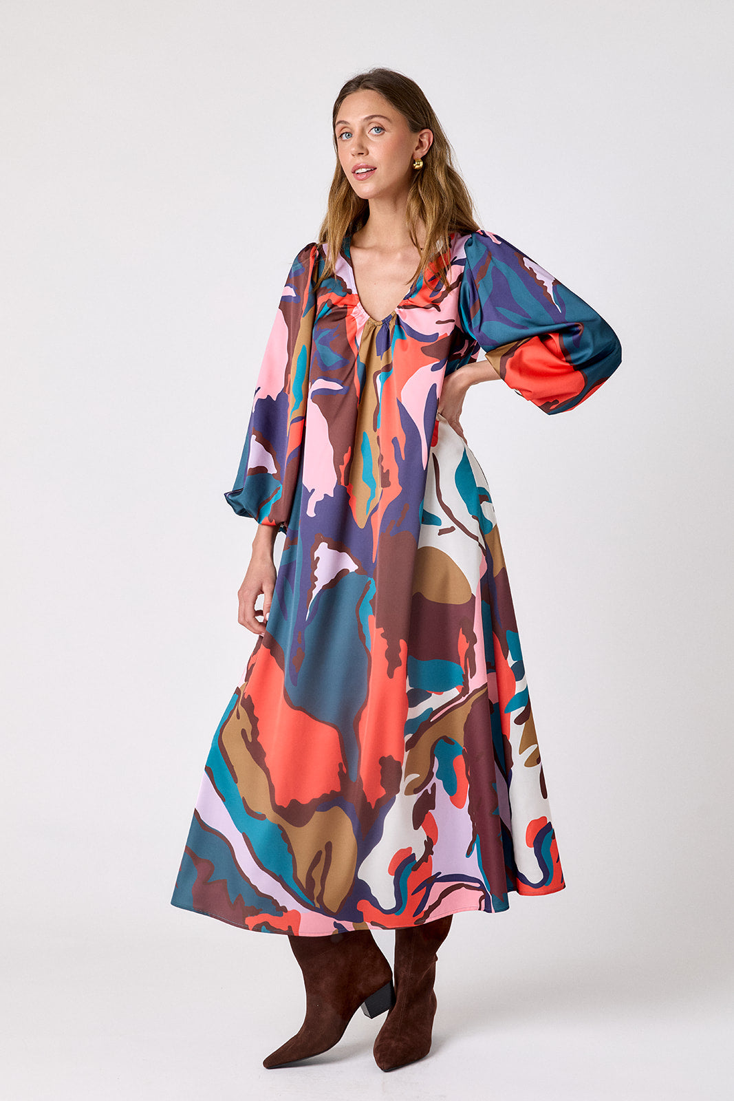 Leaf Study swingy maxi dress on model – CROSBY by Mollie Burch