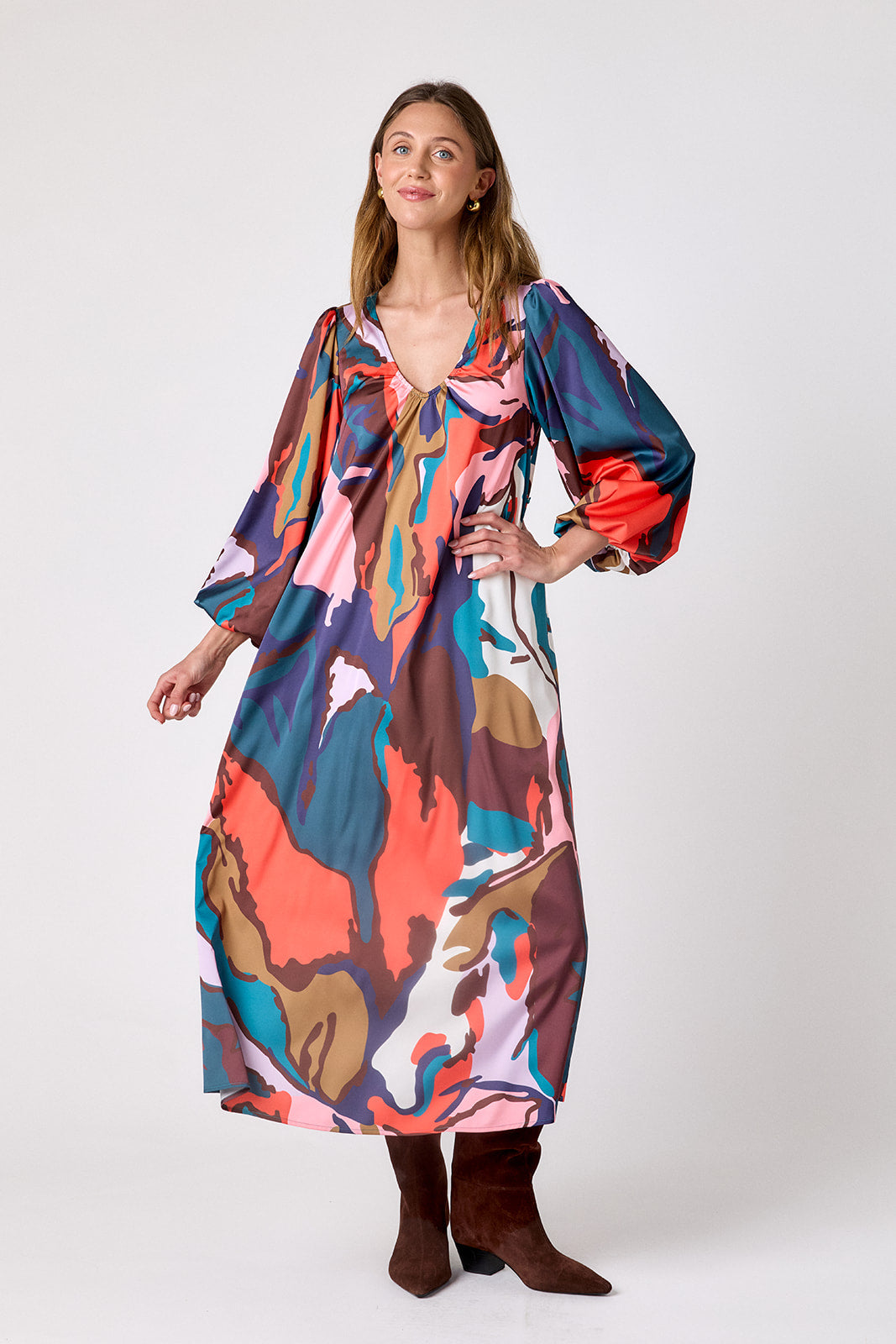 Leaf Study swingy maxi dress on model – CROSBY by Mollie Burch