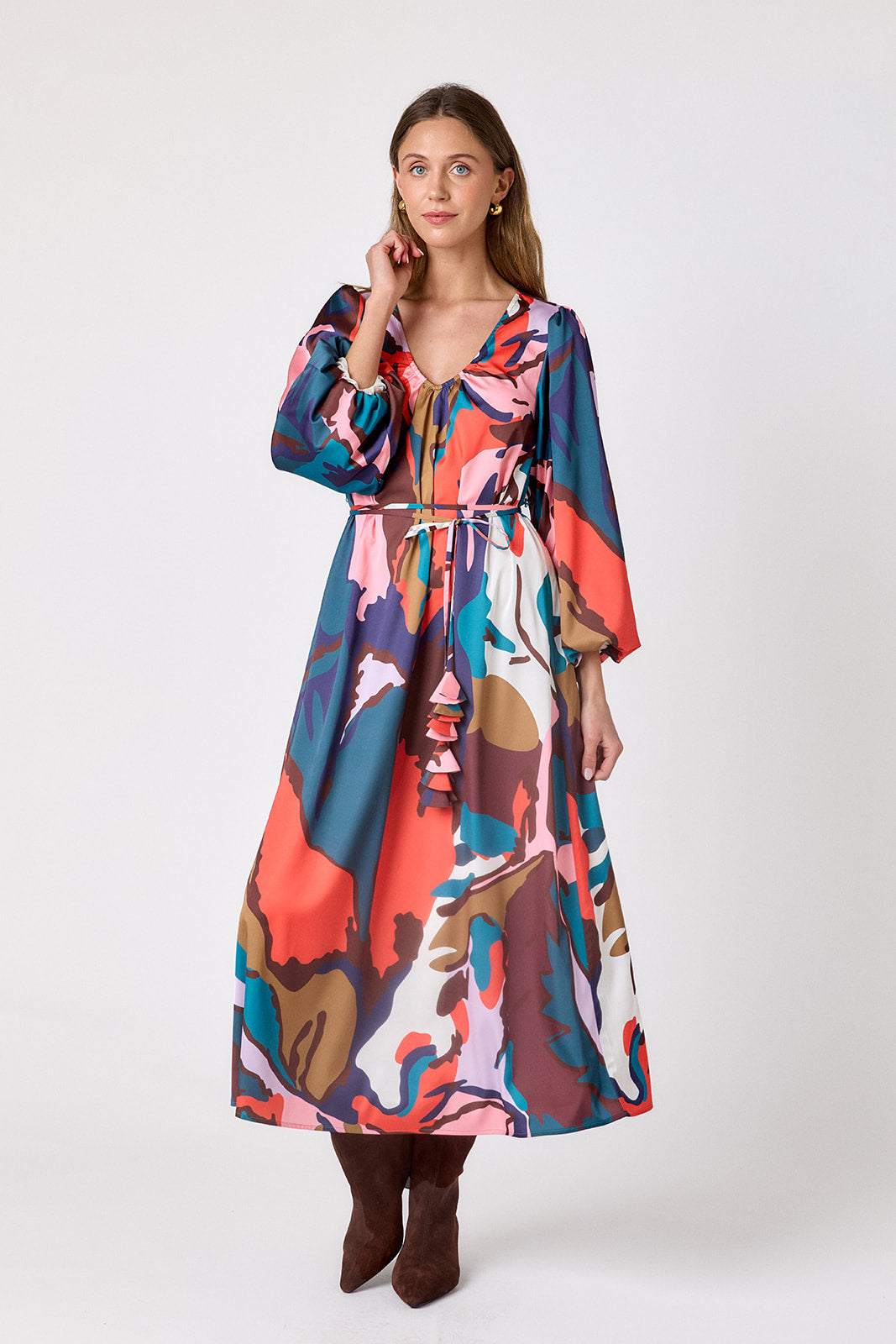Leaf Study swingy maxi dress on model – CROSBY by Mollie Burch