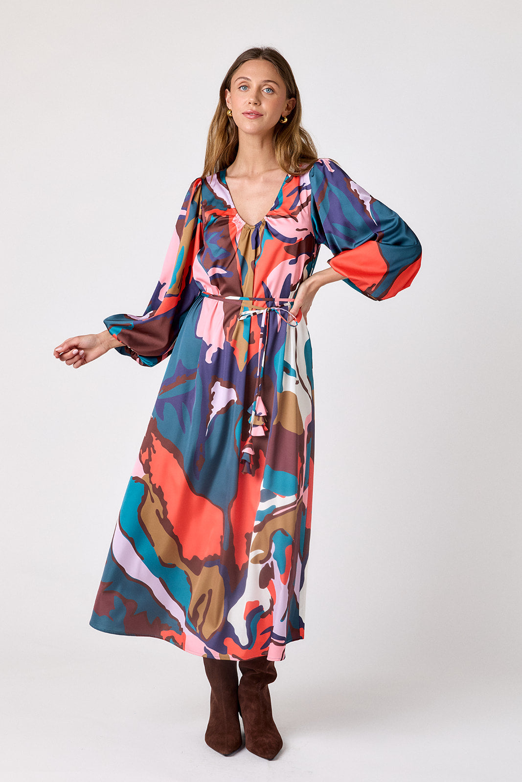 Leaf Study swingy maxi dress on model – CROSBY by Mollie Burch