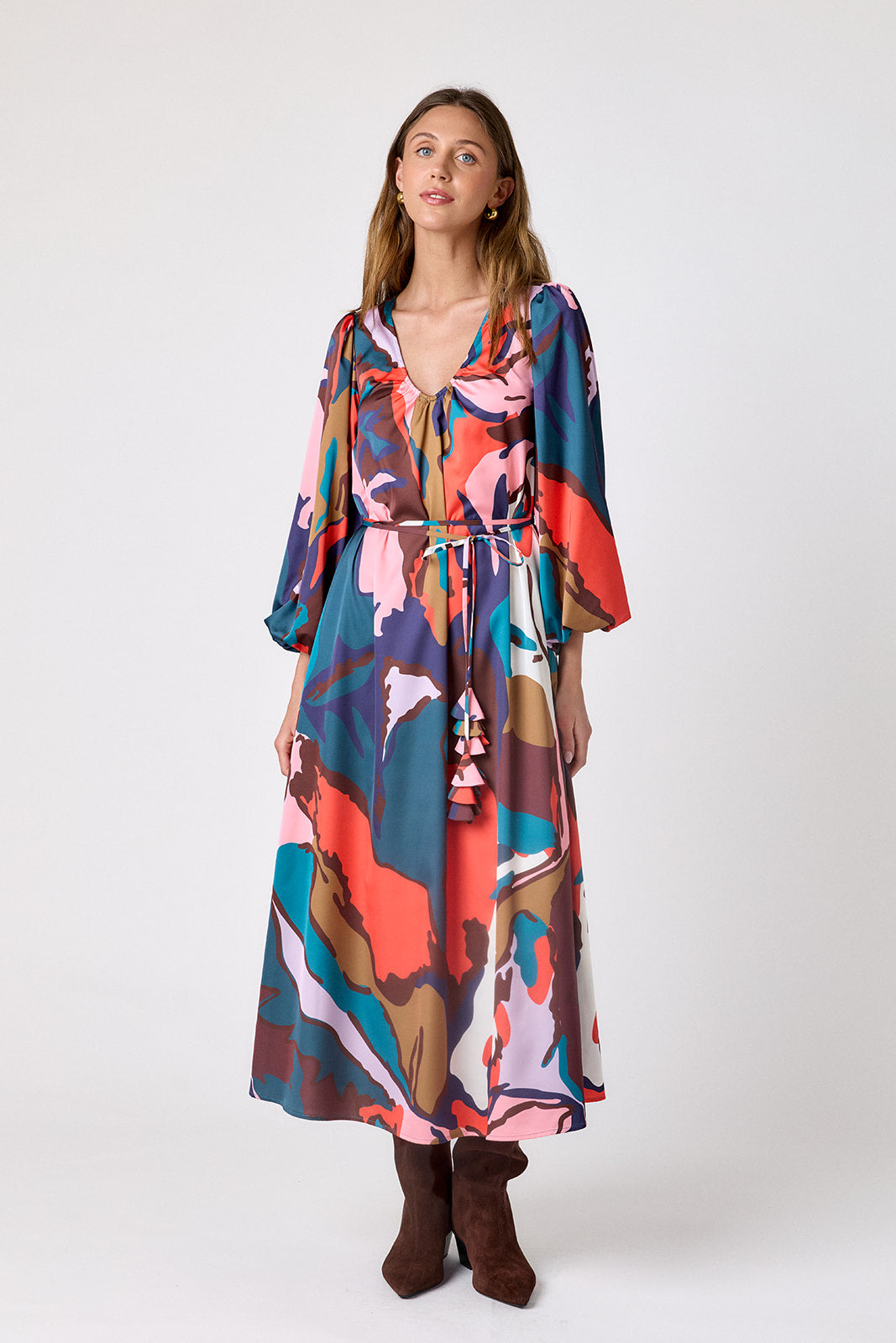 Leaf Study swingy maxi dress on model – CROSBY by Mollie Burch