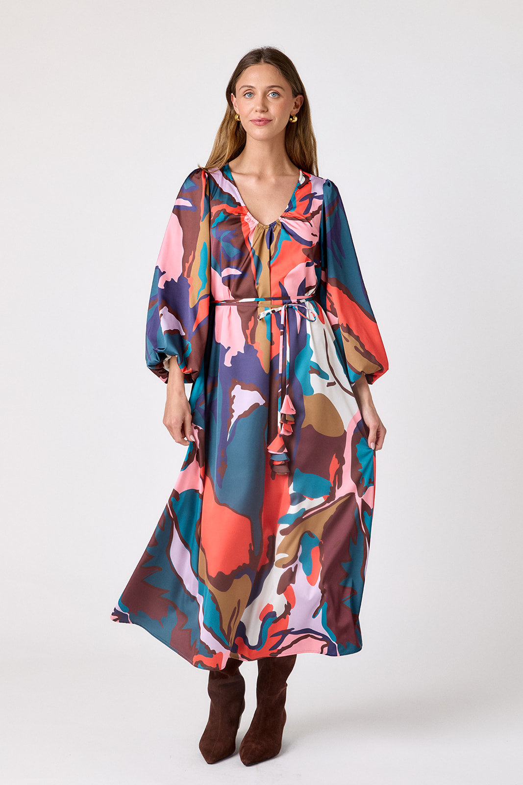 Leaf Study swingy maxi dress on model – CROSBY by Mollie Burch