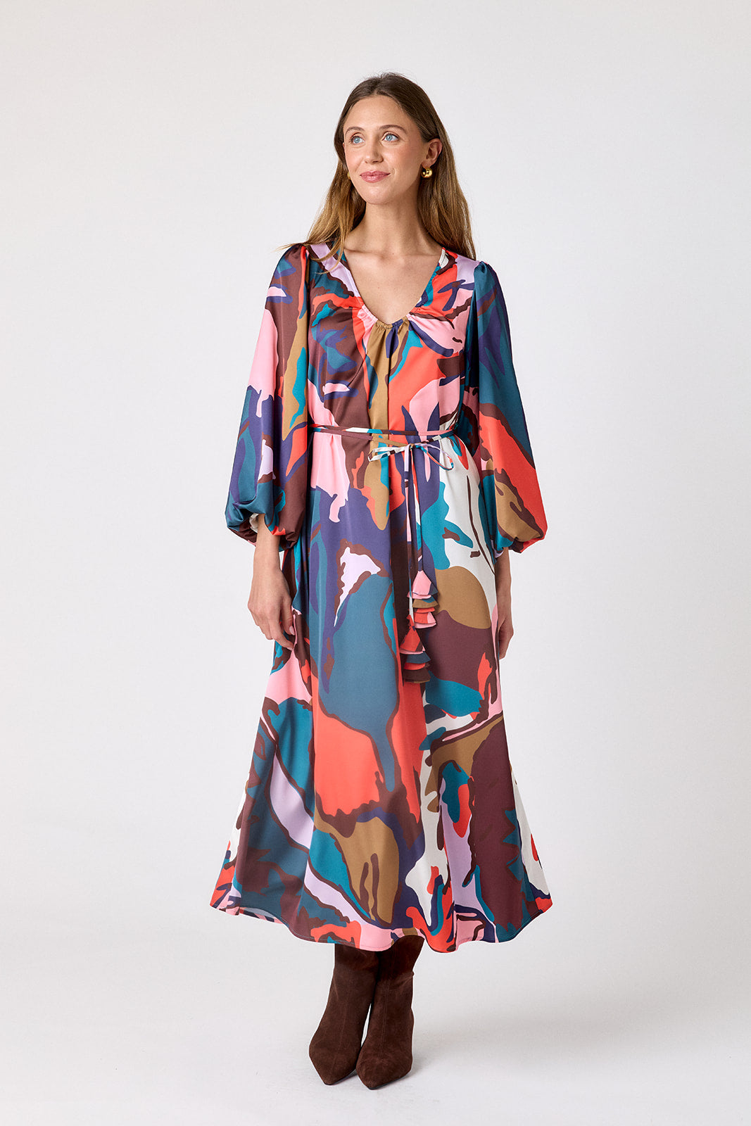 Leaf Study swingy maxi dress on model – CROSBY by Mollie Burch