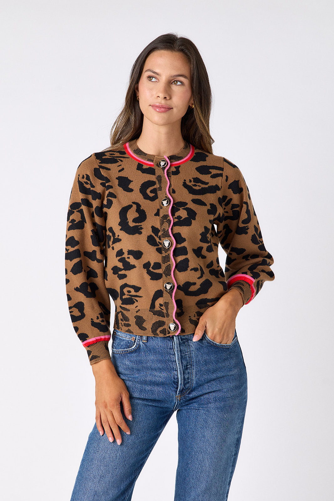 Leopard long sleeve cardigan sweater on model – CROSBY by Mollie Burch
