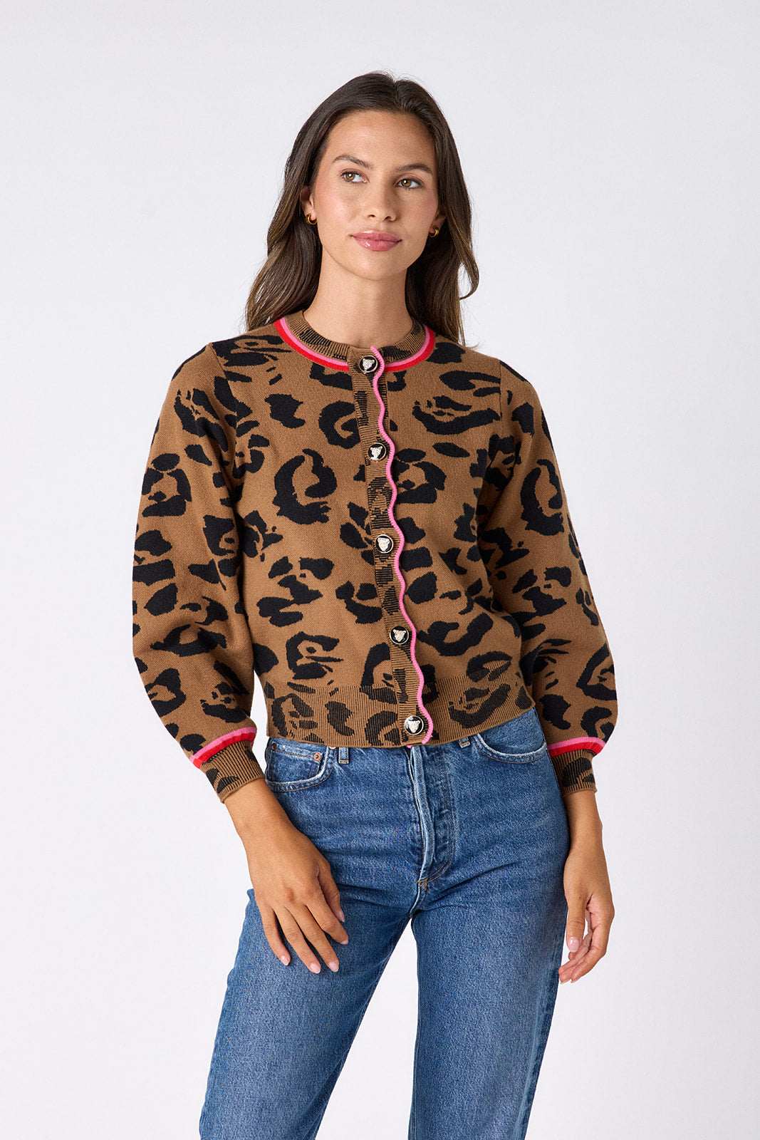 Leopard long sleeve cardigan sweater on model – CROSBY by Mollie Burch