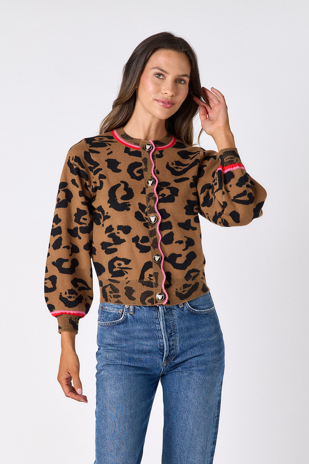Leopard long sleeve cardigan sweater on model – CROSBY by Mollie Burch