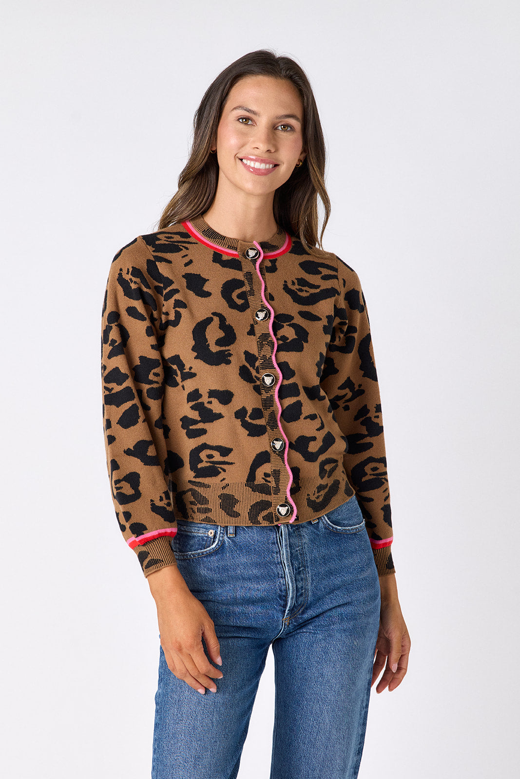 Leopard long sleeve cardigan sweater on model – CROSBY by Mollie Burch